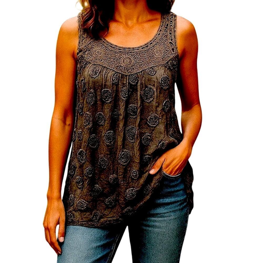 Style Sz M Black BOHO Flowers Crochet Top Overlay Bottom Half Lined | EUC